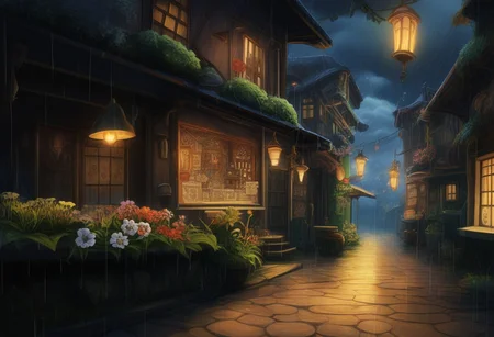 ghiblistyle image of a village at night, rainy day, view into an alley, focus on tavern, colorful windows, light shines from the tavern onto the street, 2 floors, flower boxes, smoking chimney, old street lamps only light in the village, cloudy, wet street, puddles, green village full of plants,
BRAKE,
white frame around the picture, postcard motif, postcard styles,<lora:Studio_Ghibli_Flux:1>, 4esthet1c