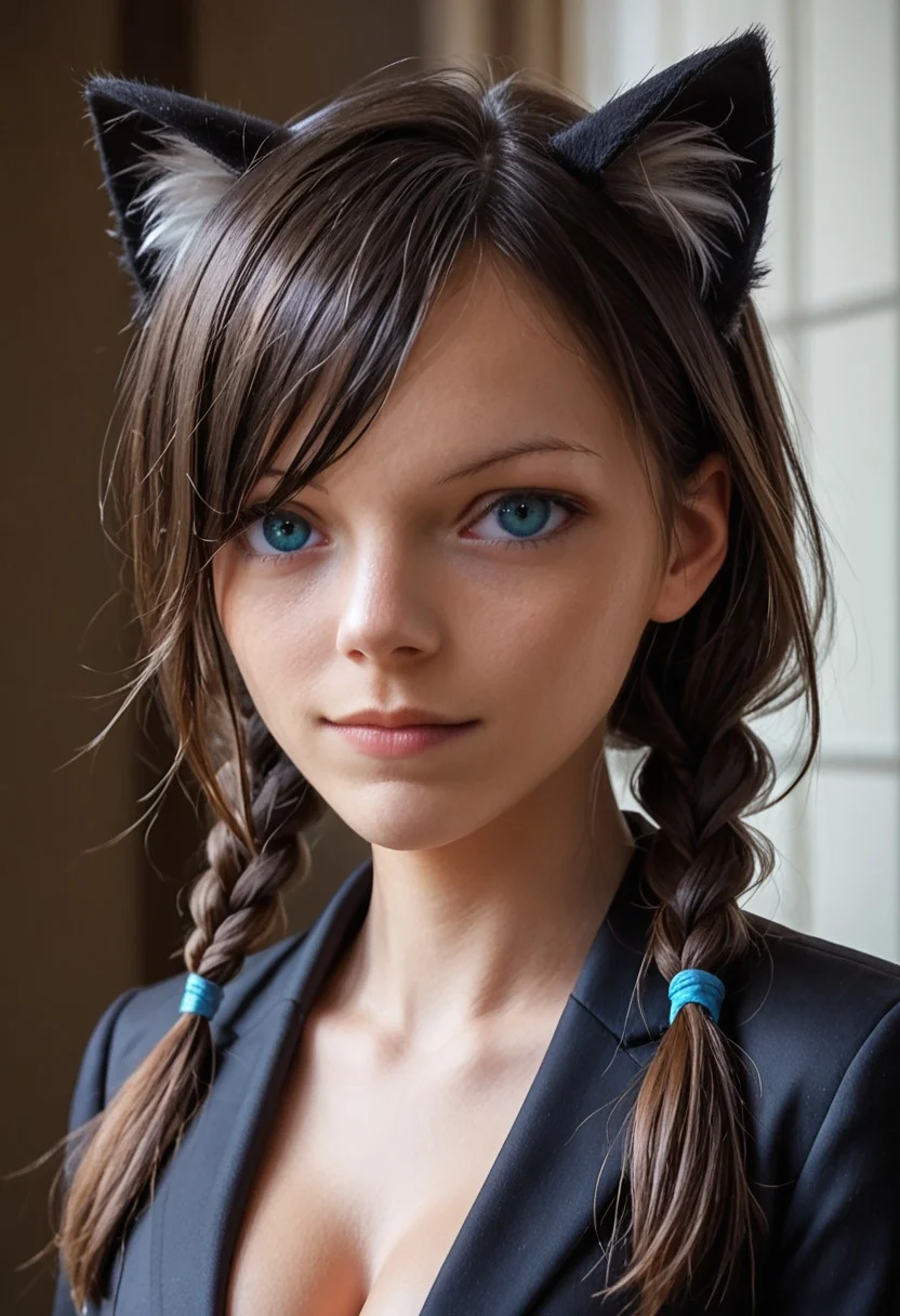 score_9, score_8_up, score_7_up, score_6_up, portrait view, eye level, headshot, dark background, lilycat, ((black hair:2.0, black cat ears)), animal ear fluff, perfect face, cute, petite, looking at viewer, long twin braids, over shoulder, (((asymmetrical bangs, hair over one eye)), blue eyes,
black blazer, medium breasts, ((cleavage:1,5)),
detailed face, from side