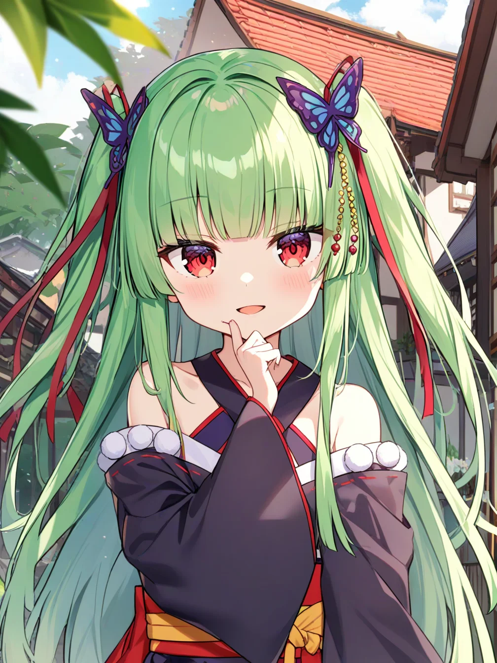 1girl,murasame \(senren\),
very long hair,long hair,hair ribbon,hair ornament,red ribbon,ribbon,butterfly hair ornament,red eyes,blunt bangs,green hair,straight hair,two side up,
straight-on,japanese clothes,kimono,black kimono,wide sleeves,bare shoulders,collarbone,halterneck,criss-cross halter,pom pom \(clothes\),red sash,black sleeves,long sleeves,
hand on own chin,open mouth,light smile,looking at viewer,
architecture,outdoors,house,flower,leaf,light rays,tree,
upper body,
<lora:murasame_(senren)_10-000036:1>,