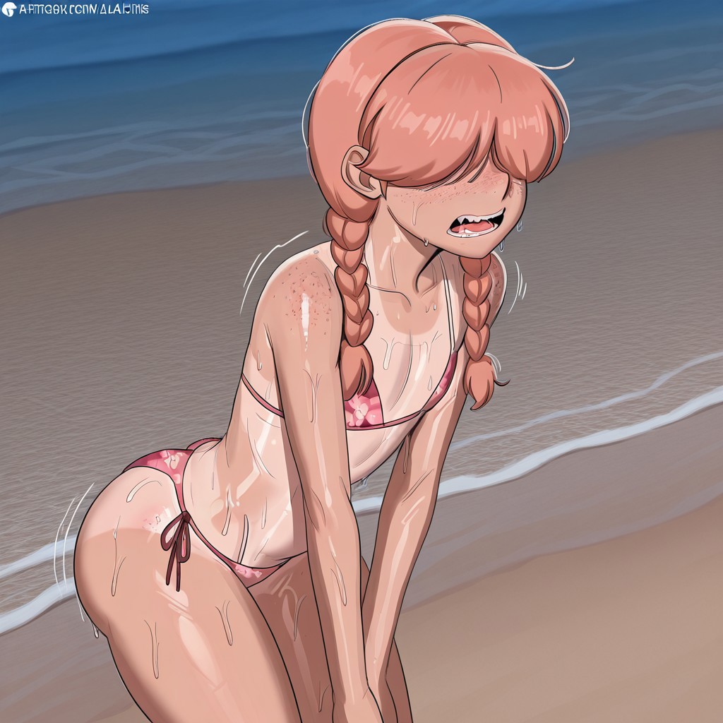 1boy,Ellie,freckles,twin braids,peach hair,bangs over eyes,solo,bikini,beach,wet skin,tanlines,expressive, masterpiece,best quality,amazing quality