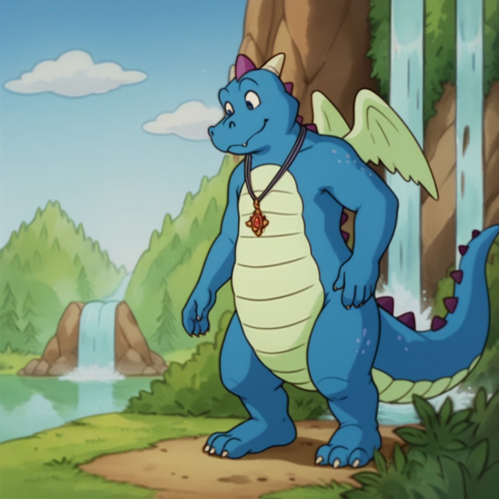 score_9, score_8_up, score_7_up, score_6_up, score_5_up, score_4_up, source_furry, OrdDT, semi-anthro, male, dragon, blue skin, wings, jewelry, necklace standing, outside, lake, waterfall,