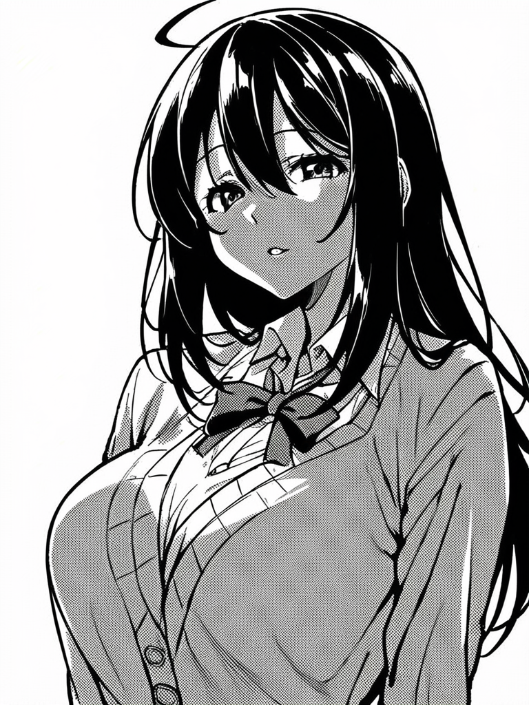 score_9, score_8_up, score_7_up,  
1girl, monochrome, yuuka ke, long hair, black hair, large breasts, ahoge,


upper body, cardigan, dress, long sleeves, neck ribbon, parted lips, looking at viewer, white background,
