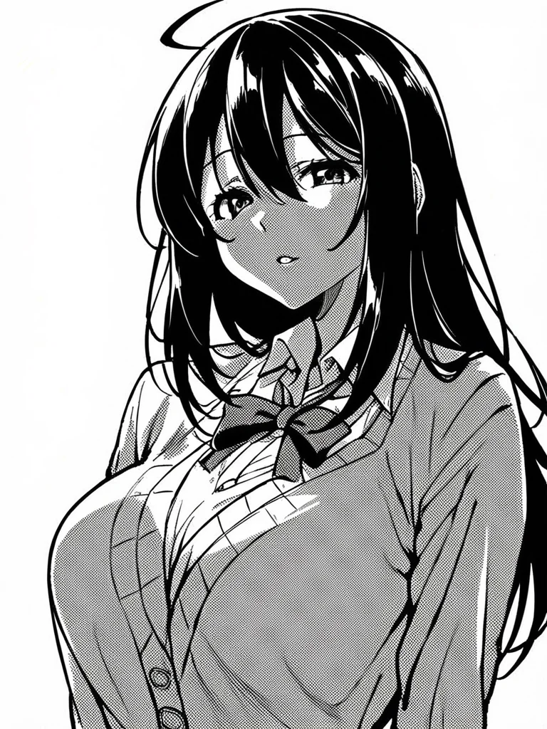score_9, score_8_up, score_7_up,  
1girl, monochrome, yuuka ke, long hair, black hair, large breasts, ahoge,


upper body, cardigan, dress, long sleeves, neck ribbon, parted lips, looking at viewer, white background,
