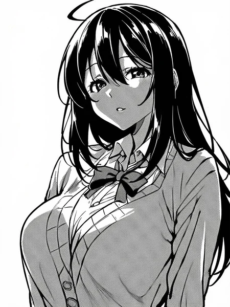 score_9, score_8_up, score_7_up,
1girl, monochrome, yuuka ke, long hair, black hair, large breasts, ahoge,
upper body, cardigan, dress, long sleeves, neck ribbon, parted lips, looking at viewer, white background,