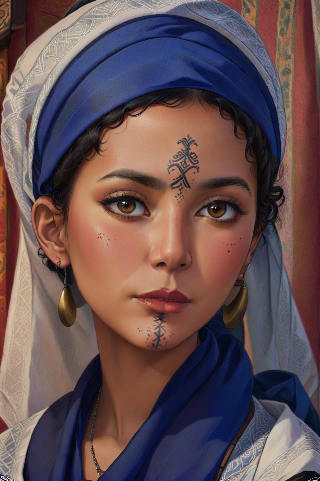 1girl, (traditional chin tattoo, Ushamxl:1.2),  <lora:UshamXL:1.2>, black hair, brown eyes, colored skin, curly hair, eyeshadow, lips, lipstick, looking at viewer, makeup, moroccan pattern background,