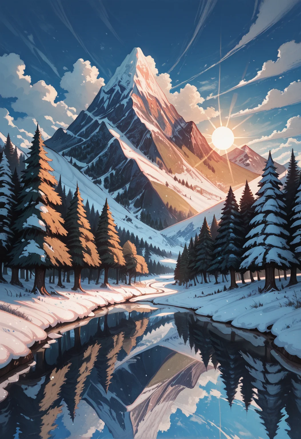 masterwork, masterpiece, best quality, dynamic lighting
no humans, outdoors, scenery, tree, cloud, mountain, sky, nature, snow, pine tree, day, reflection, forest, blue sky, water, sun, cloudy sky, landscape, winter,