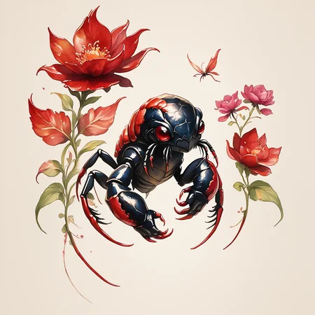 Score_9, score_8_up, score_7_up, score_6_up, <lora:ArsMJStylePony:1>, ArsMJStyle, Scorpio, The image shows a painting of a scorpion surrounded by flowers and leaves on a piece of paper. The scorpion is depicted in a realistic style with its claws outstretched and its body covered in scales. The flowers are in full bloom adding a splash of color to the painting. The paper is a light color allowing the scorpion to stand out against the background., no humans, flower, pokemon (creature), painting (medium), watercolor (medium), red flower, traditional media, bug, solo, red eyes, leaf, full body
