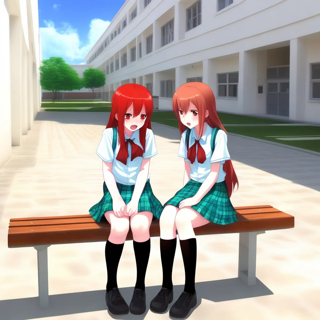 great quality,(almic,akakura,ogipote,dikko:0.7), (sincos:0.6) school courtyard , outdoors,day,white school building,tile ground,blue sky,brown bench,2girls,talking,upping body ,white shirt,2girls,red hair,red eyes,,gree hair,aqua eyes,multiple girls,red skirt,plaid skirt