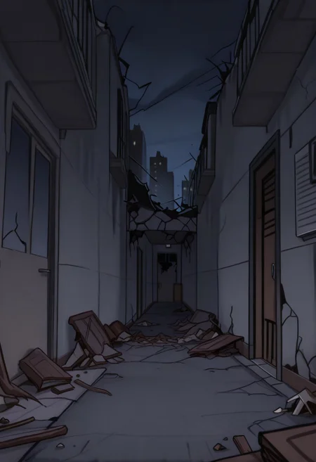 masterpiece, best quality,
<lora:Inusen:1>
1n0s3n, nobody on screen, apartament exterior destroyed background, drawned in inusen style, night, dutch angle of an exterior corridor from a apartment building,