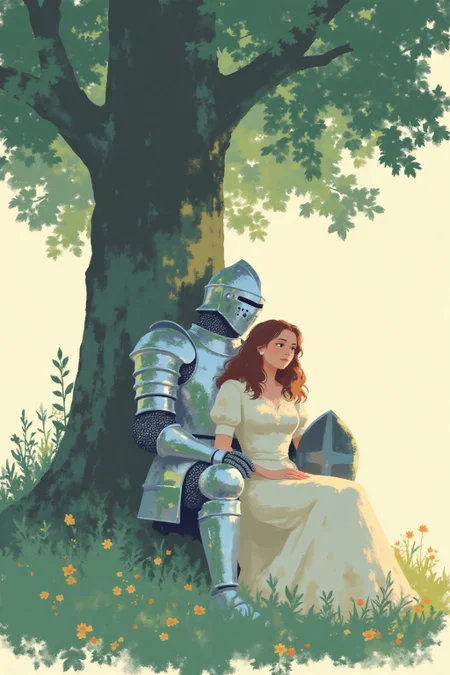 i11ustmin Illustration of A knight and a lady under a tree. The lady is sitting, and the knight is sleeping with his resting on the leg of the lady. <lora:minimalist_flat_illustration_nbm:1.0><lora:797681985288996922:0>