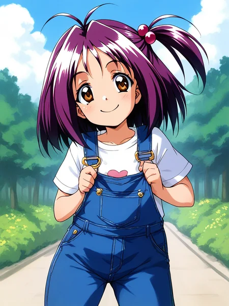 score_9, score_8_up, score_7_up, source_anime, rating_explicit, BREAK <lora:Kotobuki_Miyuki_XL:0.9> Kotobuki_Miyuki, purple hair, brown eyes, short hair, short stack,
1girl, solo, overalls, hair ornament, hair bobbles, plaid, one side up, shirt, smile,
outdoor, sky,