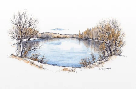 Sharp image of a rough sketch, rendered in vibrant multi colour ballpoint pen, capturing the adorable features of a landscape portait of a lake. The lake is calm and still, reflecting the trees and the sky above. The trees are bare, with no leaves, and their branches are covered in a layer of frost. The sky is overcast, with a few wispy clouds. The overall mood of the image is peaceful and serene.  p3nsk, <lora:p3nsk:1>
