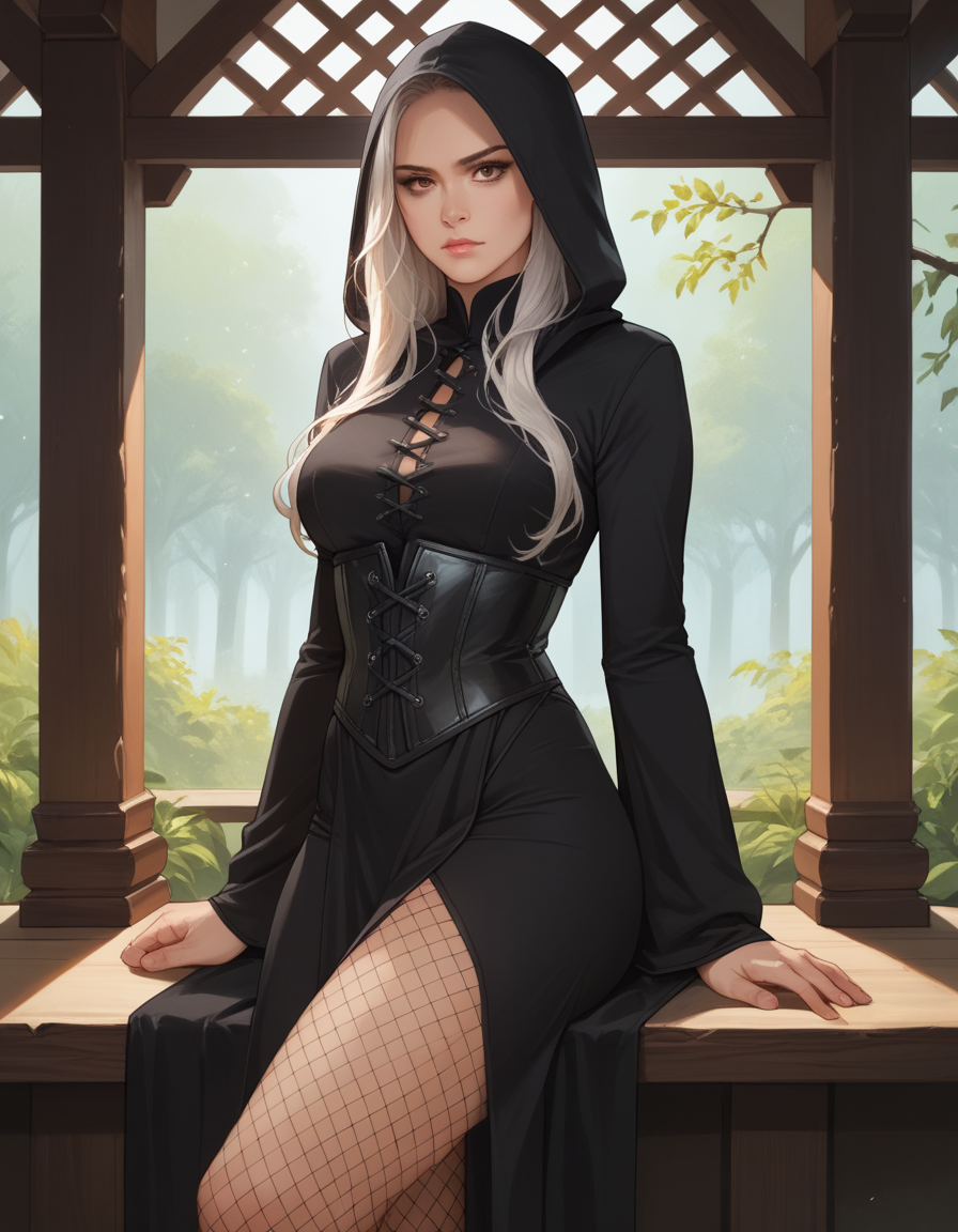 score_9, score_8_up, score_7_up, score_6_up, score_5_up, score_4_up, source_anime, realistic, best quality, 1girl, white long hair, hud_smurai, black dress, pelvic curtain, long sleeves, corset, hood, fishnet pantyhose, <lora:hud_smurai_XLP:0.6>, dojo