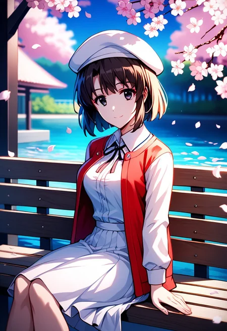 score_9,score_8_up,score_7_up,source_anime, katou megumi,1girl,solo,looking at viewer,smile,skirt,long sleeves,dress,hat,closed mouth,sitting,jacket,open clothes,black eyes,open jacket,from side,petals,white headwear,beret,white skirt,cherry blossoms,bench,