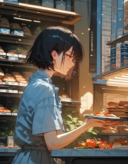 score_9, score_8_up, score_7_up, score_6_up, score_5_up, score_4_up, source_anime, 1girl, solo, 18yo, (slim face:1.5), (bangs:1.2), skinny, thin body, wide hips, thin thighs, cowboy shot,
<lora:age_slider_v4:2> <lora:Expressive_H:1><lora:Kenva:0.8> <lora:naipf:0.6>
black hair, accessory, dress, solo, tray, short hair, light smile, indoors, light blue shirt, short sleeves, profile, accessory shop,
