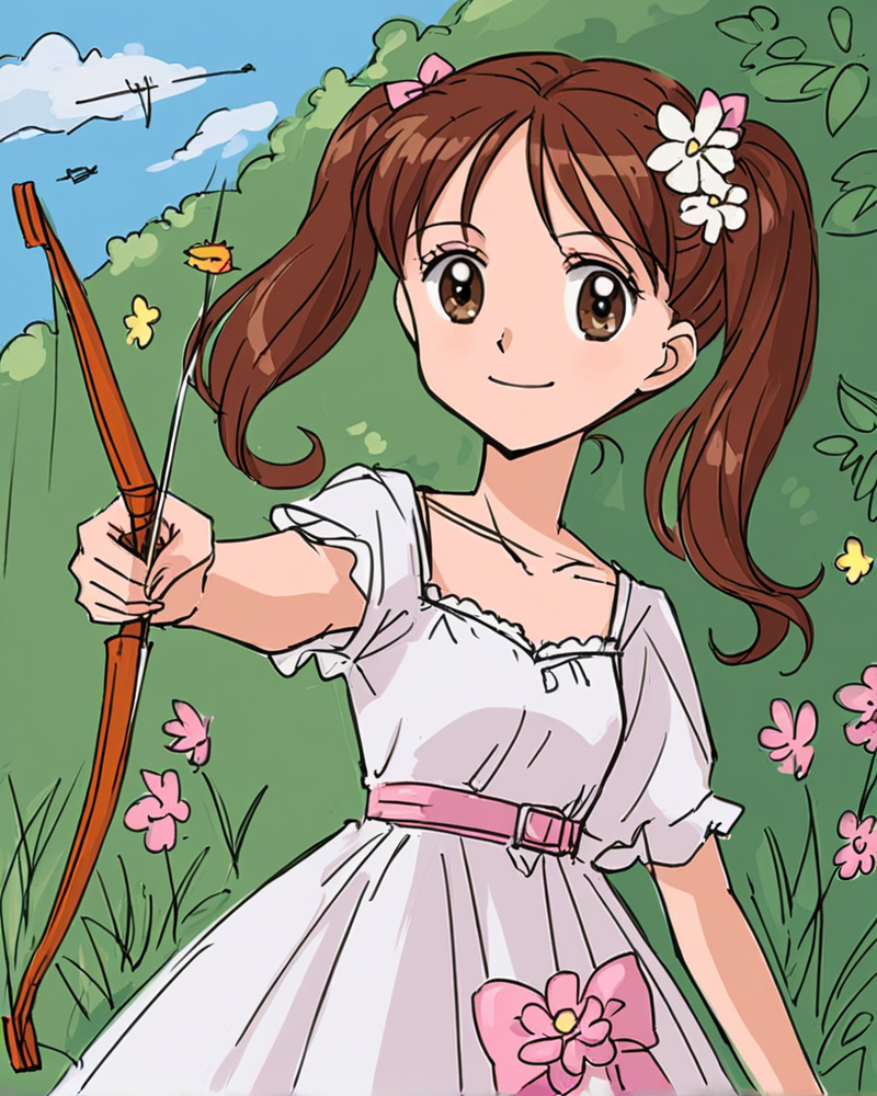 <lora:sana:1>sana kurata, 1girl, solo, brown hair, brown eyes, twintails, smile, dress, flower, dress, jewelry, sketch, archer, shooting n arrow, agressive, dynamic, dutch angle