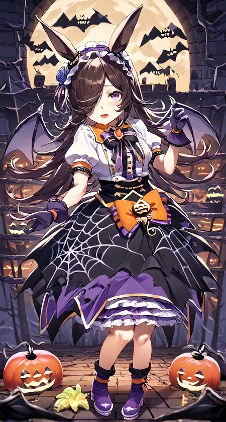 score_9,score_8_up,score_7_up,
official art,official style,game cg,megami magazine,
1girl,
rcs race,rice shower (umamusume),
rcs muv,rice shower (make up vampire!) (umamusume),rice shower (umamusume),
animal ears,bangs,bat wings,black bow,black bowtie,black skirt,
blue flower,blue rose,blush,boots,bow,bowtie,brooch,brown hair,
center frills,collared shirt,dress,eyebrows visible through hair,
flower,frilled hairband,frills,gloves,hair flower,hair ornament,hair over one eye,
hairband,halloween,high-waist skirt,horse ears,horse girl,horse tail,
jewelry,layered skirt,long hair,official alternate costume,orange bow,
puffy short sleeves,puffy sleeves,purple bow,purple eyes,purple footwear,purple gloves,
purple hairband,purple skirt,rose,shirt,short sleeves,skirt,spider web print,tail,violet eyes,white shirt,
standing, full body,
<lora:umamusume_rice_shower_pony_v1:1>,