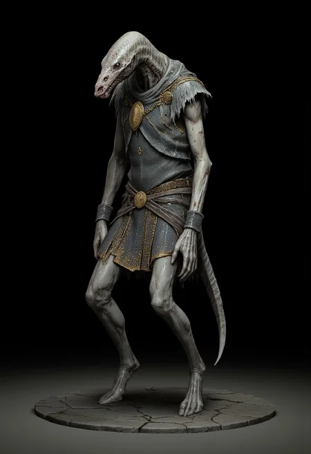 malformed hobo Miner lizardman in a roman soldier armor mixed with legionnaire attire, Toad shaped skull, elongated cobra neck, horse hoofs instead of legs
Standing on a flat ground
Set against a solid dark black color background to emphasize its unsettling unnatural form that emphasizes its silhouette. The medium is not a traditional painting or illustrative medium like watercolor or ink but rather a digital 3D rendering.
MikeFranchinastyle, bbstyle,, horror theme,, ZBClay model of a gray sculpture, zbrush, d4arks0uls, overcast lighting