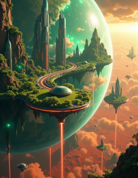 Suspended in the vast expanse of space, a mesmerizing chain of islands drifts serenely in orbit around the red planet, Mars. Each island hovers at a different altitude, their surfaces adorned with lush, emerald foliage that flourishes beneath the glimmering force fields enveloping them like protective shields. The shimmering barriers ripple like liquid light, refracting the harsh glow of distant stars and painting the sky with an ethereal iridescence.
Expansive land bridges connect these celestial wonders, their structures crafted from advanced alloys that gleam under the golden radiance of a nearby sun. Towering skyscrapers, sleek and futuristic, rise like monolithic sentinels from the dense greenery, their crystalline facades pulsing with streams of neon energy. Some seem to touch the heavens, their uppermost floors disappearing into the wisps of cosmic mist that swirl around them.
Above and below, sleek shuttles weave through the intricate pathways of this orbital oasis, descending gracefully toward the Martian surface in choreographed arcs of propulsion and light. Each craft leaves behind a faint, luminescent trail as it navigates through the shimmering force fields, vanishing into the crimson haze that blankets the planet below. The scene is a breathtaking fusion of sci-fi wonder and mystical grandeur, rendered in stunning 8K detail with the magic of Unreal Engine, Octane Render, and the unparalleled realism of ray tracing. It is a vision of a world where technology and fantasy entwine, suspended in the cosmos like an artistâs dream brought to life. <lora:Flux_Detailer_v3:0.8> Jeddtlv3 <lora:Test:0.8> n1t3_du5t