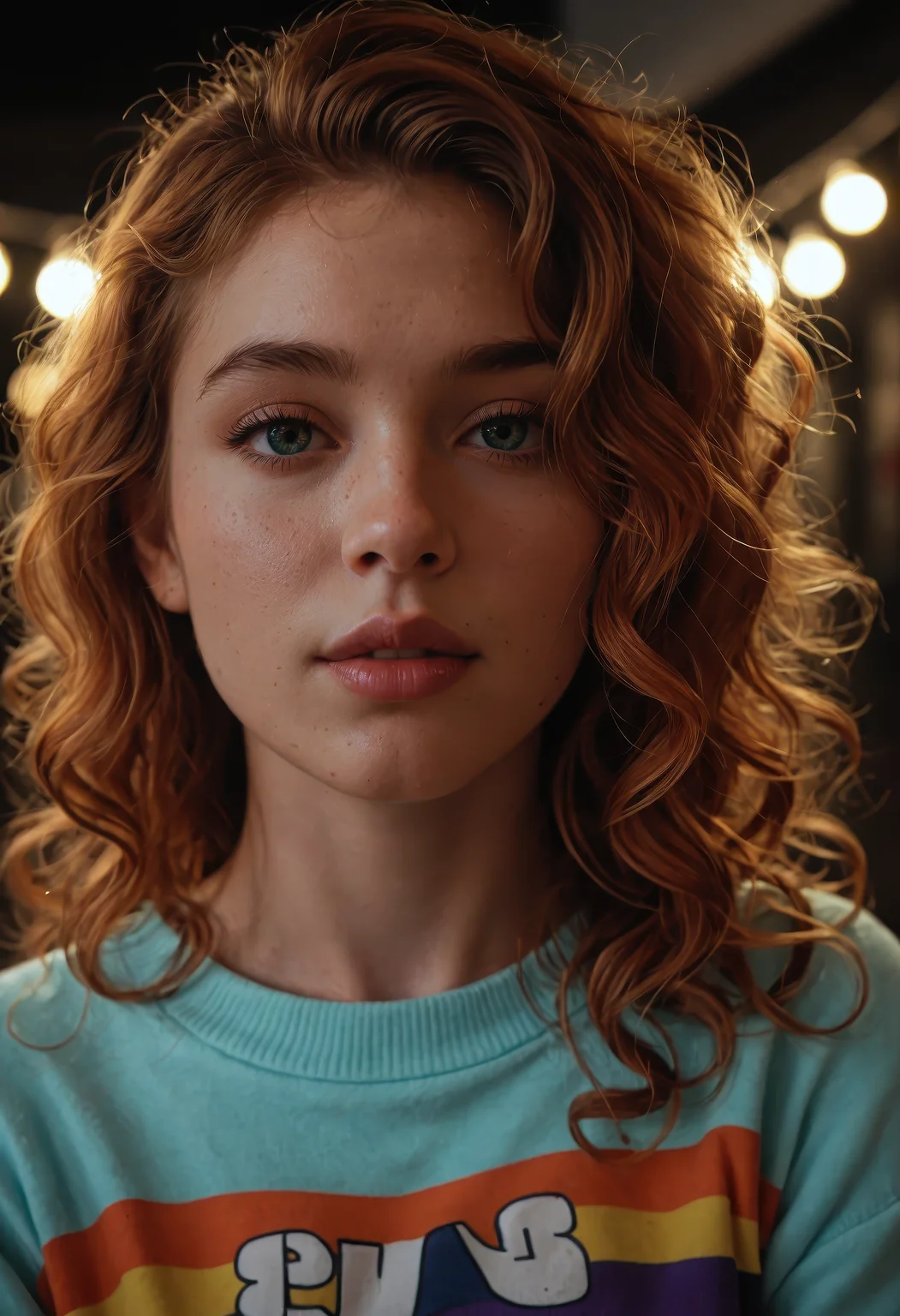 score_9, score_8_up, score_7_up, cinematic photo, close-up, 1girl, beautiful cute face, parted lips, curly ginger hair, natural eyebrows, pale skin, colorful sweater, multicolored clothing, illuminated by cool lights, blue lighting, purple lighting, teal lighting, soft glow, shimmer effect, sharp detail, fashion editorial, seductive gaze, high contrast, glowing atmosphere, dreamy lighting, atmospheric background, studio lighting, realistic face, photorealistic