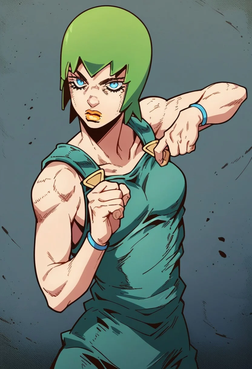 score_9, score_8_up, score_7_up, 1girl, solo, f00_fight3rs, green hair, blue eyes, yellow lips, overalls, looking at viewer, expressionless, cowboy shot