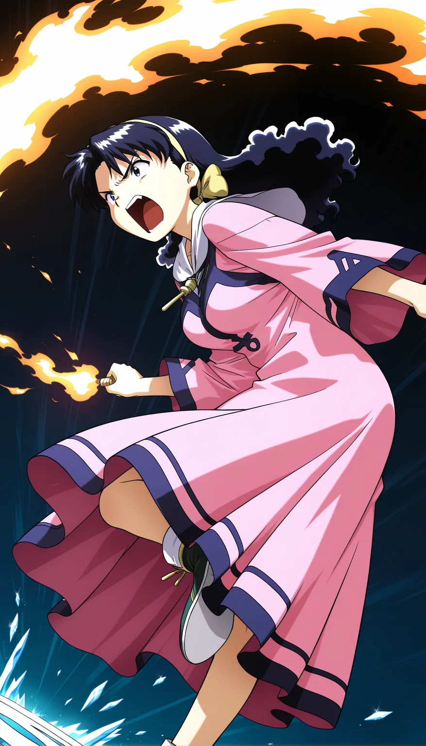 masterpiece,best quality,amazing quality, 1girl, mia_ausa, pink dress, jewelry, hair bow, hairband, action shot, casting fire and ice magic, shouting