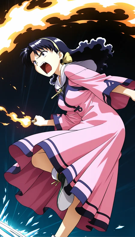 masterpiece,best quality,amazing quality, 1girl, mia_ausa, pink dress, jewelry, hair bow, hairband, action shot, casting fire and ice magic, shouting