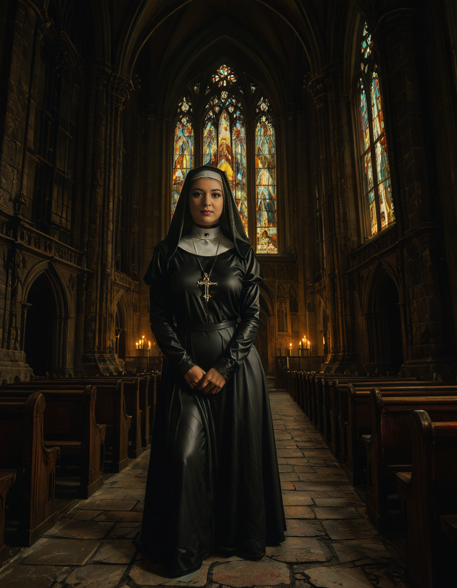 nsfw,focus on a nun,A gothic scene featuring a mysterious woman dressed as a nun in a flowing black latex habit with intricate lace detailing and choker and a red bra, standing solemnly inside of a G0th1c church. The atmosphere is charged with tension as an otherworldly presence seems to loom over the scene, casting eerie red and black shadows on the ancient stone. Other nuns in the background appear uneasy, their movements slow and dreamlike, as if they are being influenced by an unseen dark force. The cathedral's gothic architecture towers above with sharp spires, grotesque gargoyles, and a glowing stained-glass window radiating an unnatural crimson light.<lora:SDXLFaeTastic2400:0.4> <lora:extremely_detailed:0.4> extremely detailed, <lora:G0th1c_church:1>, Masterpiece,best quality,hi res,8k,hi res,8k,award winning,(sharp focus, intricate, highly detailed),