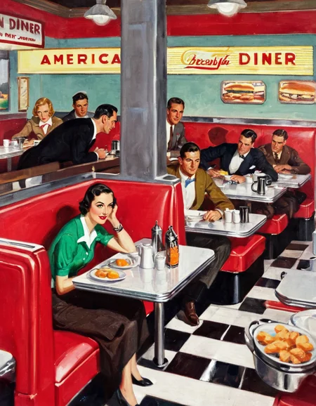 A Cornwall painting of a scene inside an American roadside diner during breakfast time in Massachusetts in 1936 <lora:DCornwall-000005:1>