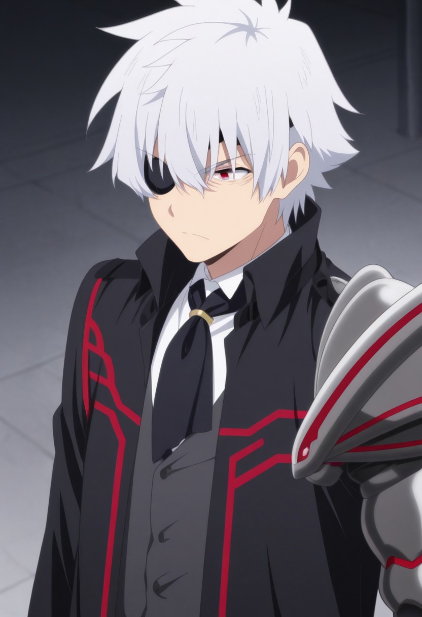 masterpiece,best quality,amazing quality, source_anime, 
NagumoHajime, 1boy, male focus, solo, red eyes, eyepatch, white hair, single mechanical arm, shirt, white shirt, collared shirt, necktie, black necktie, coat, black coat, serious, upper body,