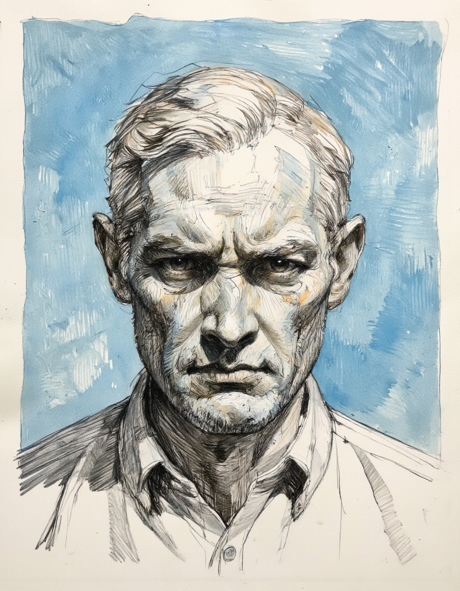 This is a highly detailed and realistic pencil drawing of a middle-aged man with a stern and intense expression. 
The subject has a surreal, hyper-realistic style, depicting an elderly man. The background is slightly raised with a blue texture, which contrasts starkly with the man's features. The man has a gaunt, weathered face with deep wrinkles, pale skin, and a prominent, bald head with a widow's peak. His eyes are sunken and his expression is stern and serious. <lora:Sketch:0.9>