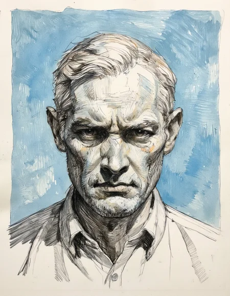 This is a highly detailed and realistic pencil drawing of a middle-aged man with a stern and intense expression.
The subject has a surreal, hyper-realistic style, depicting an elderly man. The background is slightly raised with a blue texture, which contrasts starkly with the man's features. The man has a gaunt, weathered face with deep wrinkles, pale skin, and a prominent, bald head with a widow's peak. His eyes are sunken and his expression is stern and serious. <lora:Sketch:0.9>