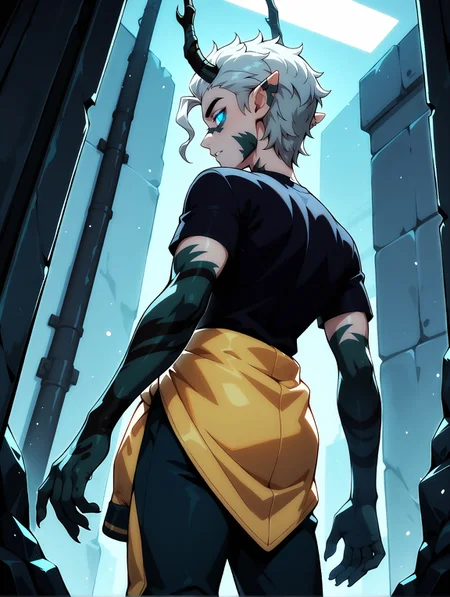 masterpiece, best quality, perfect hands, hyper-Detailed, amazing quality, very aesthetic, amazing quality, dynamic angle, solo, 22 years old, imtdpossesedhunter, 1boy, male, masculine, fit body, shirt, pointy ears, horns, short hair, blue eyes, glowing eyes, black shirt, colored skin, antlers, short sleeves, clothes around waist, pants, grey hair, green skin, seductive look, sexy male, from behind
