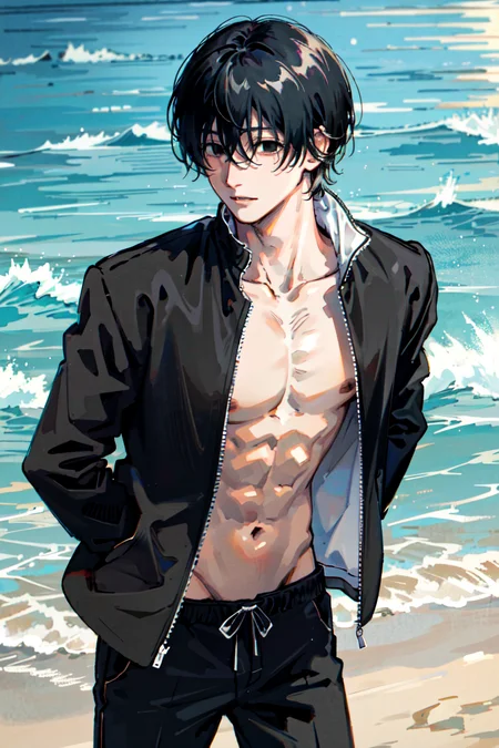 (masterpiece, best quality), illustration, <lora:chainsawman_yoshidahirofumiv1-000035:1>, yoshida hirofumi, 1boy, beach, male swimwear, black swimwear, arms behind back, leaning forward, ocean, water, sea, pectorals, white jacket