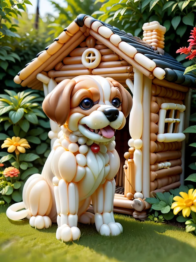 balloonz, dog, playing with bone made out of balloon, in the garden, near his dog house <lora:balloonz:1>