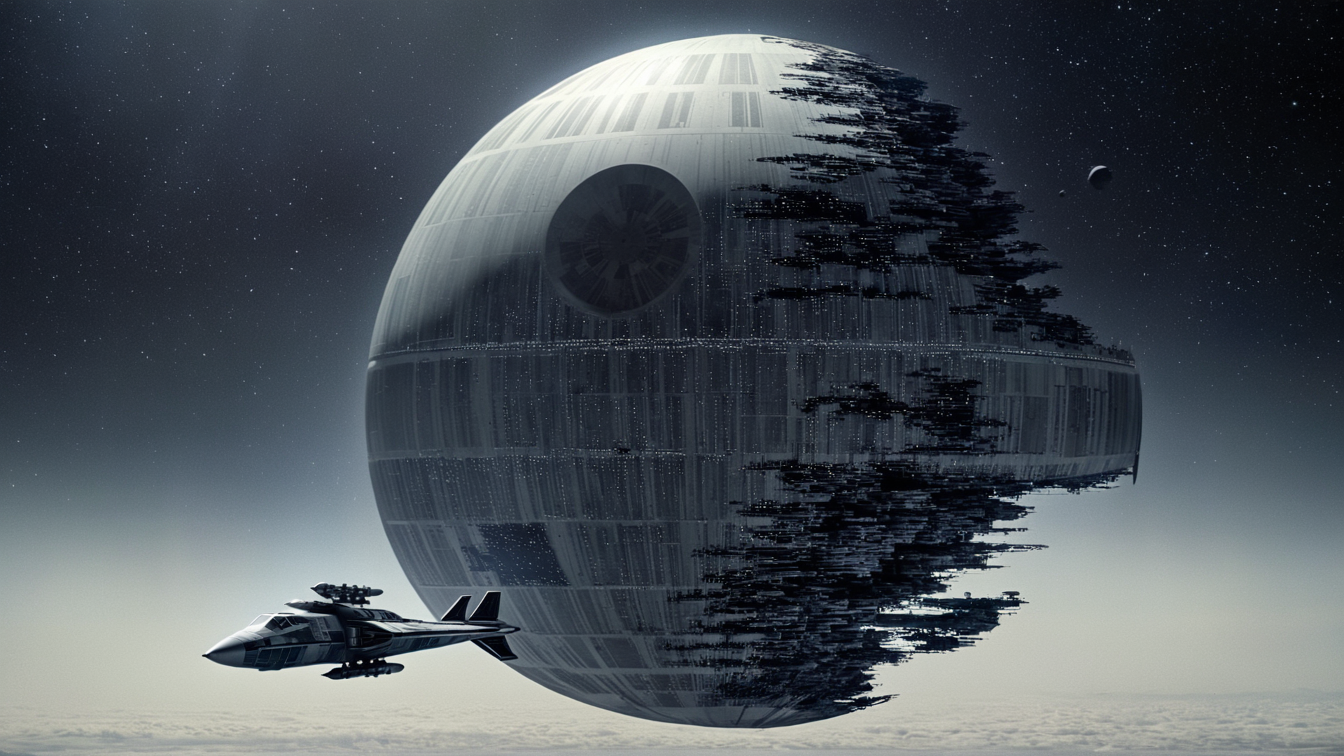 cinematic film still of  <lora:star wars style:0.2>
<lora:detailed:0.4> detailed
<lora:perfection style:0.4> perfect
<lora:PerfectEyesXL:0.5>
 <lora:Chiaroscuro Lighting Style:0.3>
 <lora:Death Star II:0.9>
Death Star II a star wars poster with a spaceship and a spaceship,in star wars style,multiple girls,monochrome,greyscale,no humans,6+girls,aircraft,spacecraft, schematic, diagram, shallow depth of field, vignette, highly detailed, high budget, bokeh, cinemascope, moody, epic, gorgeous, film grain, grainy
