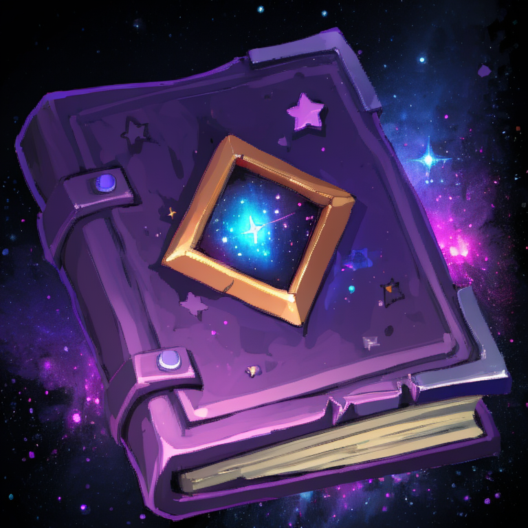 ((masterpiece,best quality)), absurdres, <lora:FantasyIcons_Books:0.8>, purple book, glowing, star symbol, space, stars, planets, cosmos, nebula