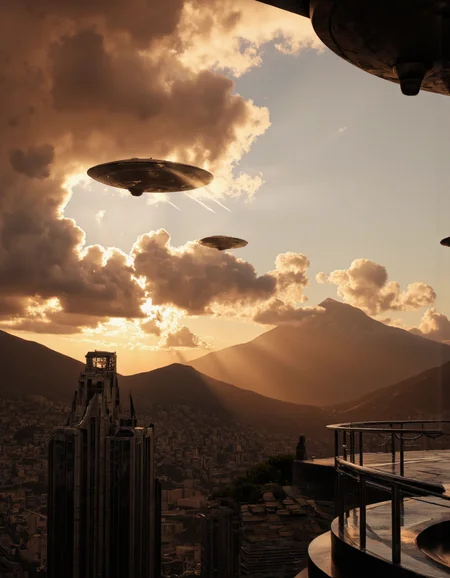 A photo-realistic shoot from a far camera angle about two flying saucers over a mountainous landscape during sunset, with dramatic clouds and mountains in the background. the image also shows dramatic lighting effects, with contrails visible in the sky. on the left of the image, a distant mountain range is visible, with a few clouds scattered across the sky, and on the right of the mountain range, another distant mountain peak is visible. the sky is filled with orange hues, and the overall atmosphere is dramatic and dramatic. in the foreground, a futuristic cityscape with tall buildings and a railing can be seen, with no other objects or structures in sight.