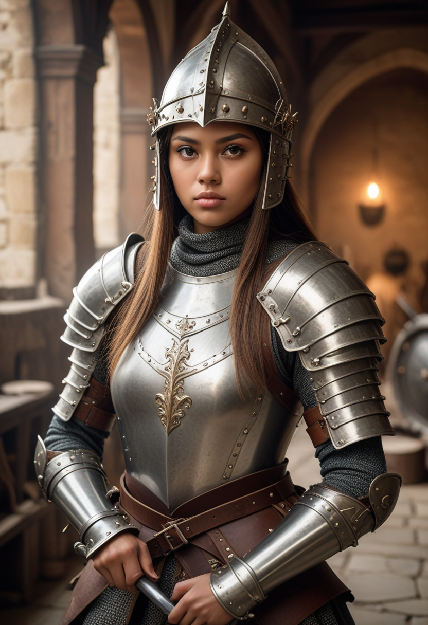 ((fashion photography)), perfect face, perfect eyes, (medium full shot) of  (supermodel medieval soldier) young woman, thai, straight hair, brown eyes, light brown skin, light skin, hazel eyes, full-figured, brown hair,   knight, wearing Frog-mouth helm with hinged visor, scale armor hauberk, segmented plate vambraces, leather faulds with metal studs, plate greaves, steel sabatons, holding lance with silver adornments, set in medieval era,  Armory, Cluttered room with weapon racks lining the walls, armor stands displaying battle-worn gear, barrels of arrows, sharpening stones, and a faint scent of oil and metal , surprised, open mouth, running toward the viewer, masterpiece, best quality, photorealistic, very aesthetic
