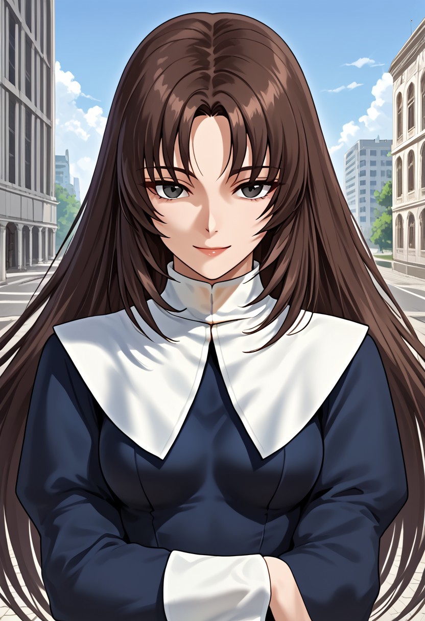 score_9,score_8_up,score_7_up,source_anime,5_figner,2d_animation,game cg,BREAK,1girl,solo,suikoden Sarah,long hair,brown hair,bangs,puffy sleeves,long sleeves,long dress,blue dress,nun,black eyes,
medium breasts,smile,front view,cowboy short,looking at viewer,expressionless,
outdoor,building,skyscraper,
masterpiece,best qualit,ultra-detailed,illustration,an extremely delicate and beautiful,beautiful detailed eyes,unity 8k wallpaper,high resolution,anime CG,official_art,