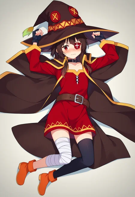 score_9, score_8_up, score_7_up, source_anime,
BREAK
1girl, solo,
<lora:shiMeguminV1:1.0>,
shimegumanga, megumangastyle, short hair, brown hair, red eyes,
collarbone, black gloves, choker, belt, fingerless gloves, cape, collar, witch hat, red dress, eyepatch,
bandaged leg, single thighhigh, asymmetrical legwear,
looking at viewer, blush, wavy mouth, shy, full body, ;o,