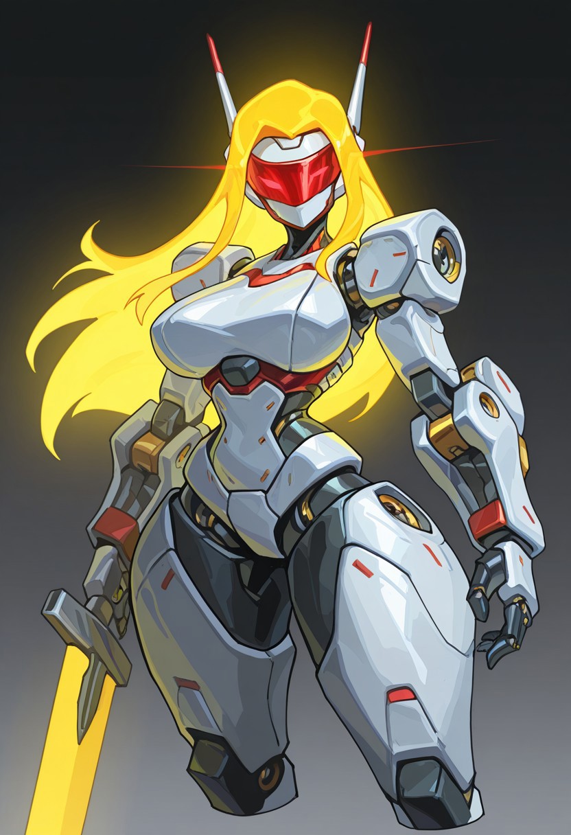 reagan_long, solo, 1girl, large breasts, robot_girl, robot visor, medical_robot, sword_arm, large robotic arms, large robotic hands, large robotic legs, large robotic feet, robot shoulders, robot armor, metalic skin, glowing hair, long hair, glowing eyes, robot antenna ears, cowboy_shot, cropped legs