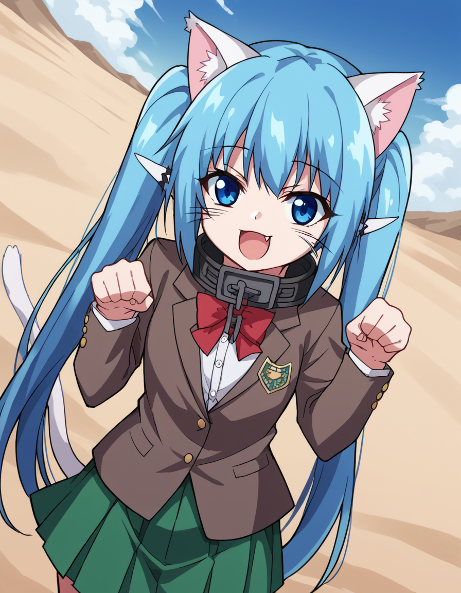 score_9, score_8_up, score_7_up, source_anime, <lora:otoshimono-nymph-s2-ponyxl-lora-nochekaiser:1>, nymph, long hair, blue eyes, twintails, blue hair, collar, chain,, school uniform, skirt, green skirt, pleated skirt, red bowtie, blazer, brown blazer,, desert, sand, dunes, cacti, heat, , <lora:paw-pose-ponyxl-lora-nochekaiser:1>, paw pose, cat ears, cat tail, animal ears, tail, cat girl, open mouth, fang, whiskers,, looking at viewer, solo,, dutch angle, cowboy shot