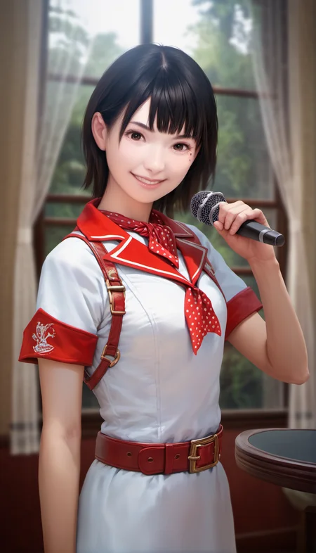 score_9,score_8_up,score_7_up,<lora:ChisatoShinjo:1>,
chisatoshinjo,
realistic,
1girl, solo, black hair, short hair, bangs, brown eyes, beauty mark, looking at viewer, smile, red polka-dotted neckerchief, white dress with red accents, short sleeves, red belt with a gold buckle, upper body, holding a microphone in her right hand, blurry background, indoors, living room, vintage room, windows, curtains, A red radio is placed on a wooden table to the left, warm cozy atmosphere