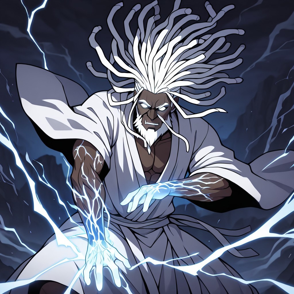 masterpiece, best quality, newest, absurdres, highres, 
INFMixV1.0,
1boy, dark skin, dark-skinned male, dredlocks, white dreadlocks, african, african male, beard, blind eyes, empy eyes, white eyes, glowing eyes, monk, white robe, dynamic pose, glowing veins, thunder, lightning, magic, lightning magic, combat stance, fighting stance,