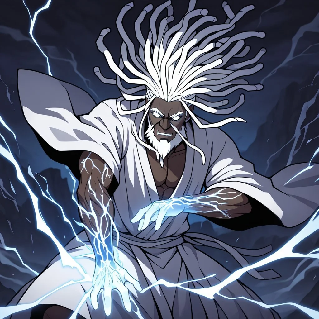 masterpiece, best quality, newest, absurdres, highres,
INFMixV1.0,
1boy, dark skin, dark-skinned male, dredlocks, white dreadlocks, african, african male, beard, blind eyes, empy eyes, white eyes, glowing eyes, monk, white robe, dynamic pose, glowing veins, thunder, lightning, magic, lightning magic, combat stance, fighting stance,