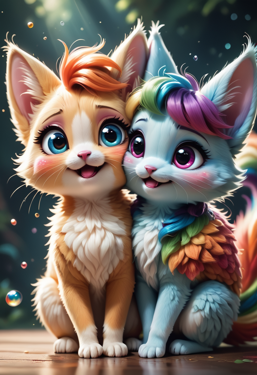 score_9, score_8_up, score_7_up, score_6_up, score_5_up, score_4_up, extremely detailed, 2girls, ((kawaii, rawrr, uwu, girls)), (rainbow fur, long straight hair), (detailed face), (blush), (((fooling around, Motion_lines))), reflection, (fantasy enchanted rainforest background, particles, lots of details), sharp focus,