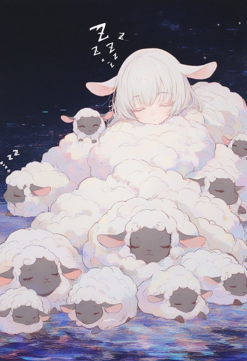 abstract , absurdres , concept , digital glitch , 001010 , sheep silhouette , mechanical sheep , ZZZ , sleeping , long eyelashes , sheep anthro , motherly , 
masterpiece, best quality ,amazing quality ,15546+456868, 0__11Xx_illu,