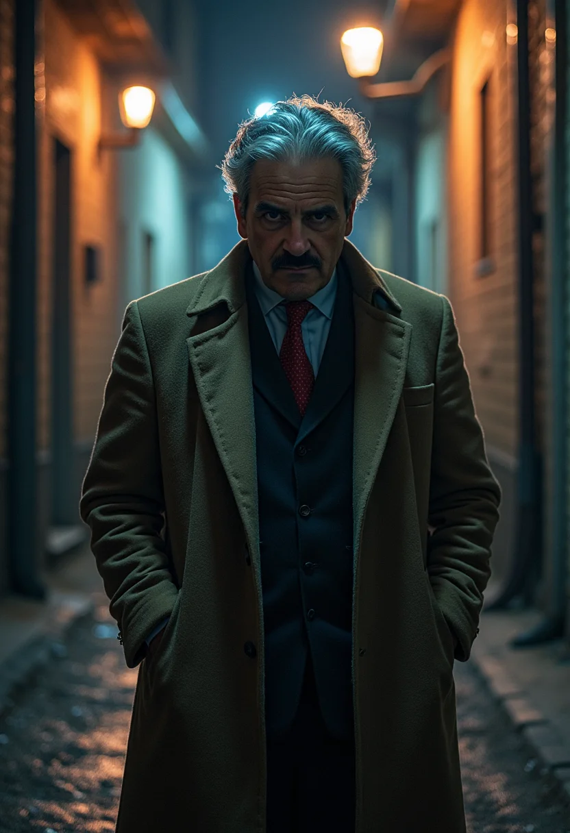 yfg-l3ms, YFG-Th3Dud3 a cunning 57-year-old detective, silver stubble, scanning a dimly lit alley for clues under a flickering lamp