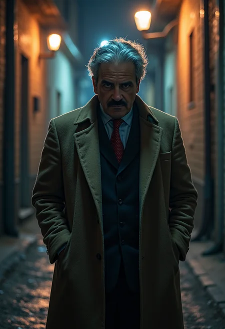 yfg-l3ms, YFG-Th3Dud3 a cunning 57-year-old detective, silver stubble, scanning a dimly lit alley for clues under a flickering lamp